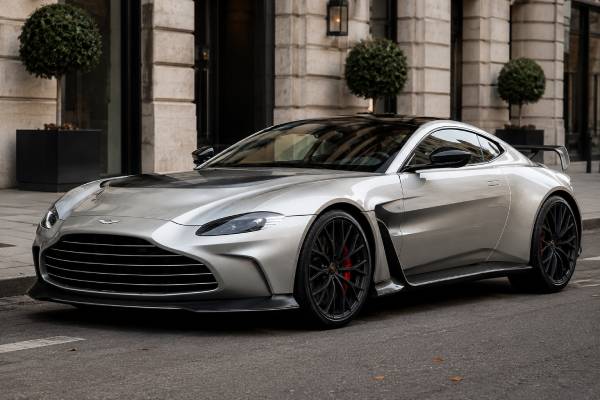 Aston Martin V12 Vantage specs: 5.2L twin-turbo V12, 690 hp, 756 Nm, eight-speed automatic, 3.5-sec 0–100 km/h, and 200 mph top speed.