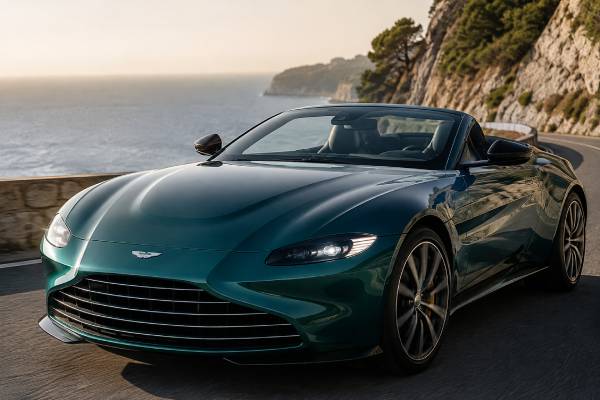 Aston Martin Vantage Roadster specs: 4.0L twin-turbo V8, 503 hp, eight-speed automatic, 3.8-sec 0–100 km/h, 190 mph top speed, and a folding roof.