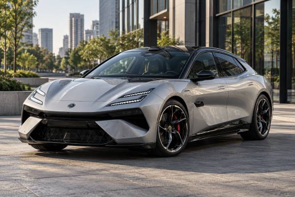 Lotus Emeya Type 133 specs: 102 kWh battery, 603 hp, 710 Nm torque, dual-motor AWD, 4.2-sec 0–100 km/h, 610 km WLTP range, and 250 km/h top speed.