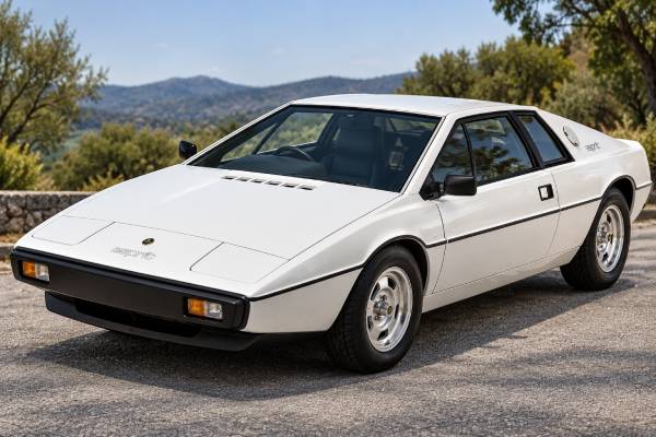 Lotus Esprit S1 Type 79 specs: 160 hp, 2.0L naturally aspirated inline-four, 5-speed manual, RWD, 190 Nm torque, 8.6-sec 0–60 mph, and 200 km/h top speed.