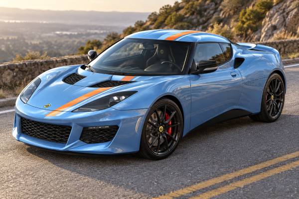 Lotus Evora 400 Blue & Orange Edition Type 122 specs: 400 hp, 3.5L supercharged engine, 4.2-sec 0–100 km/h, 4.1-sec 0–60 mph, and 410 Nm torque.