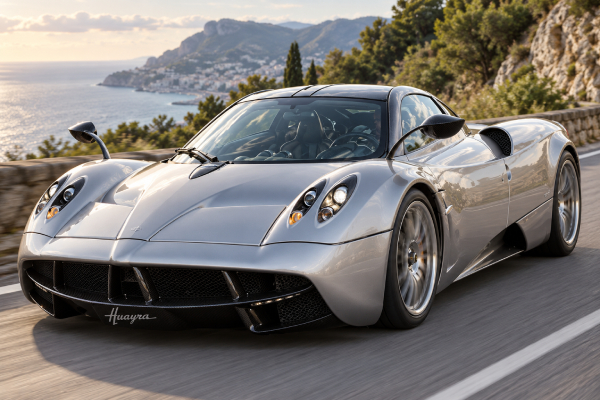 Pagani Huayra specs: 5,980 cc twin-turbo V12, 730 hp, 1,000 Nm, 7-speed automated manual, 3.3-sec 0–100 km/h, and 370 km/h top speed.