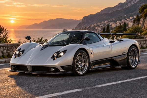 Pagani Zonda F specs: 602 hp 7.3L V12, 760 Nm, 6-speed manual, rear-wheel drive, 1,230 kg dry weight, 3.6-sec 0–100 km/h, and over 345 km/h top speed.