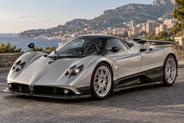Pagani Zonda F Clubsport specs: 650 hp 7.3L V12, 780 Nm, 6-speed manual, 1,230 kg dry weight, over 345 km/h top speed, and 600 kg downforce at 300 km/h.